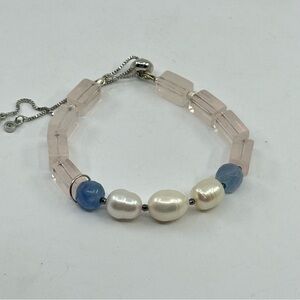#343 New Gem-Trio Bracelet Natural Aquamarine, Rose Quartz & Freshwhater Pearls
